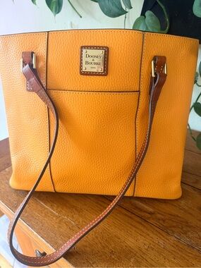 Dooney & Bourke Orange Leather Tote with Brown Trim